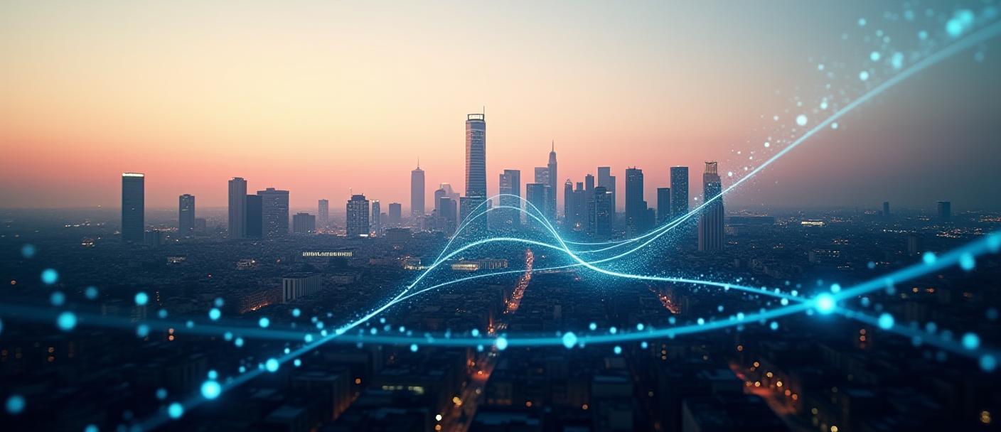 Vista panoramica di Milano con sovrapposizione di fibre ottiche